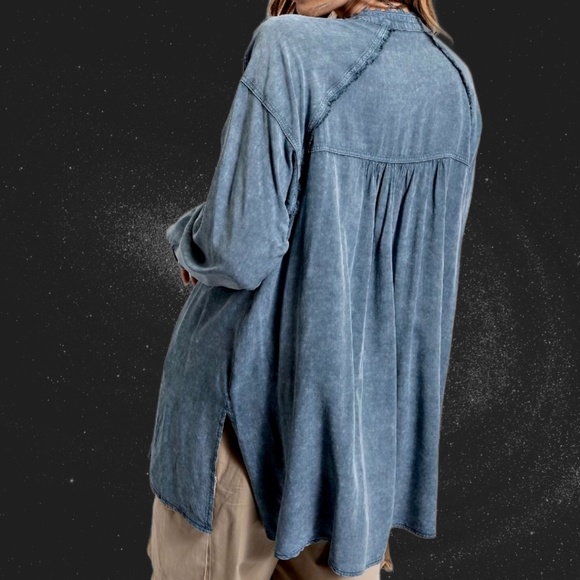 EASEL "Summer Breeze" Mineral Washed Frayed Seams Button Up Tunic Top Side Slits - Picture 13 of 15